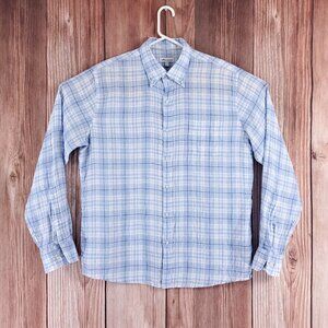 Peter Millar Mens Size Large Blue White 100% Linen Long Sleeve Button Down Shirt